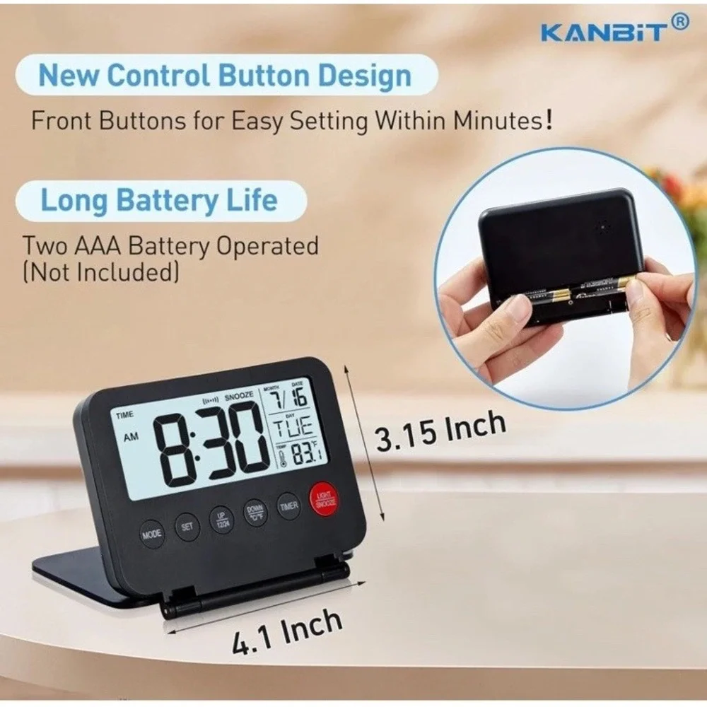 Small Digital Travel Alarm Clock, Large LCD Display Front Button‎ with Black